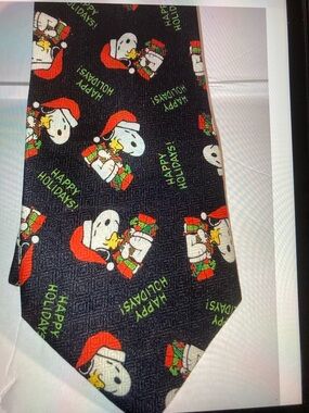 Vintage Snoopy Peanuts Black Holiday Tie with Red & Green Accents by Schultz